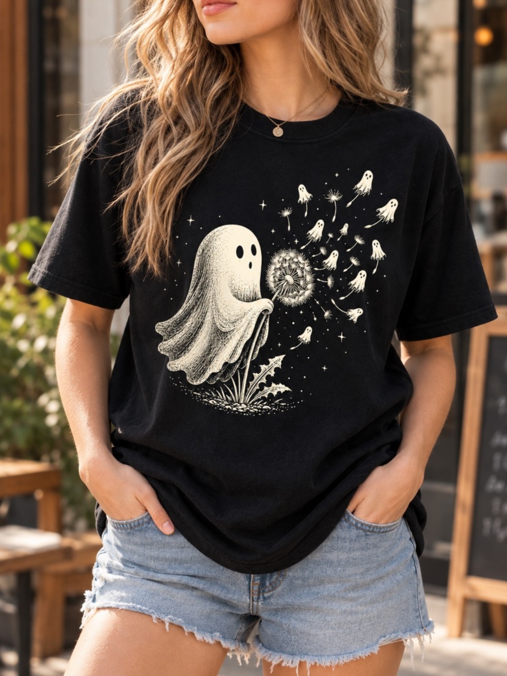 Cute Ghost Dandelion Halloween Shirt Spooky Wish Graphic Tee Gildan Black